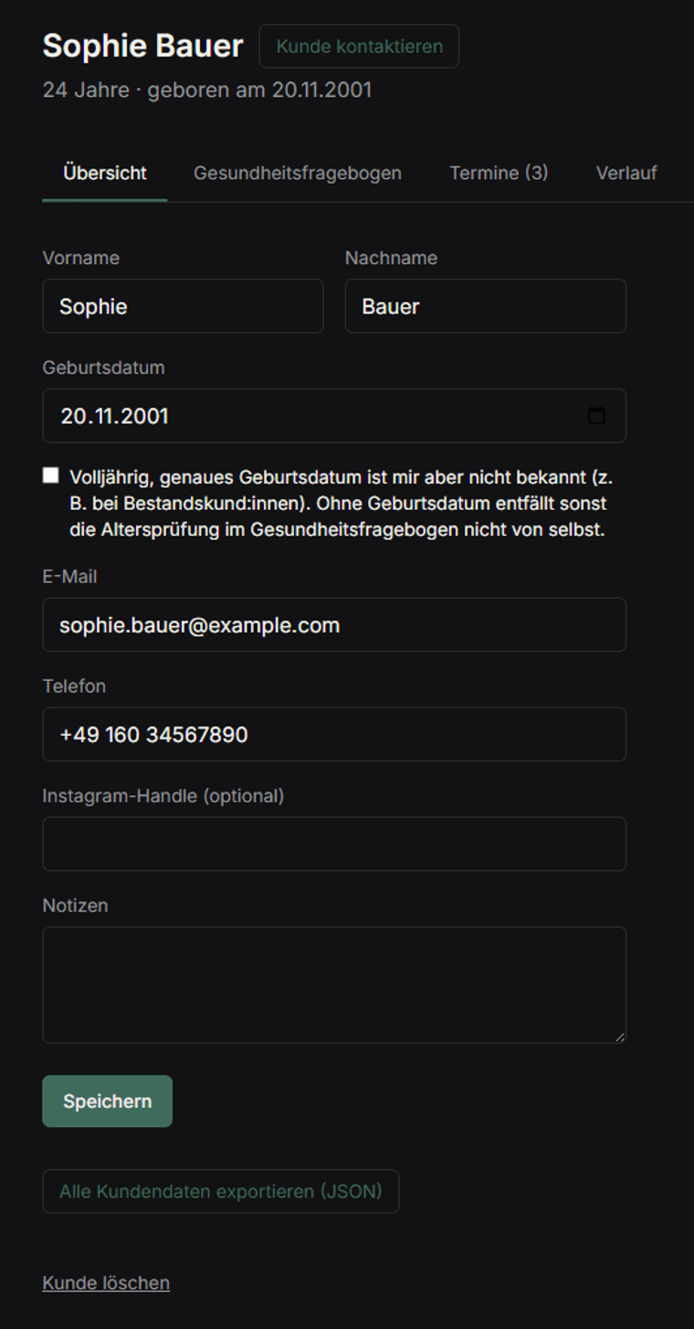 Kundenakte in Skinfile mit Kontaktdaten und Reitern für Gesundheitsfragebogen, Termine und Verlauf